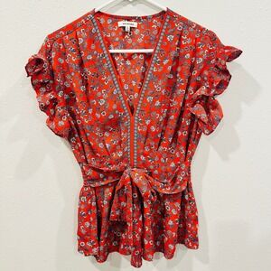 Max Studio Red Floral Print Tie Front Flutter Sleeve Peplum Top‎ Women's Size S